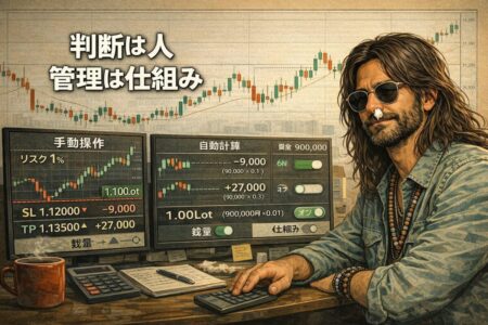 裁量判断は人が行い資金管理は仕組みで行う半自動トレードの考え方を表したFX教育イラスト