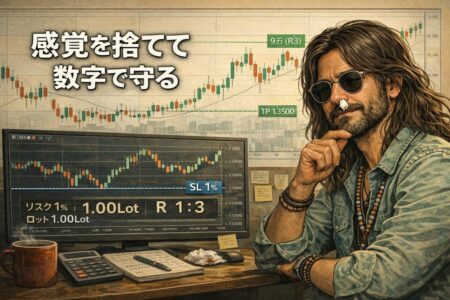 感覚ではなく数値でロットを管理することで資金管理を安定させる考え方を示したMT5トレードイラスト
