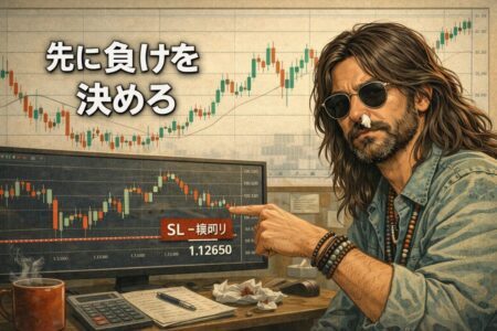 エントリー前に損切り位置を先に決めてリスクを確定させるプロトレーダー思考を表現したFXチャートイラスト