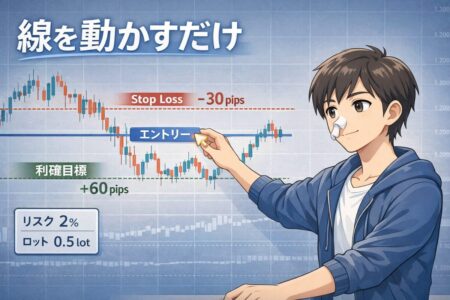 MT4チャート上でエントリーラインと損切りラインをドラッグ操作してリスク計算を行う裁量補助ツールの操作イメージ