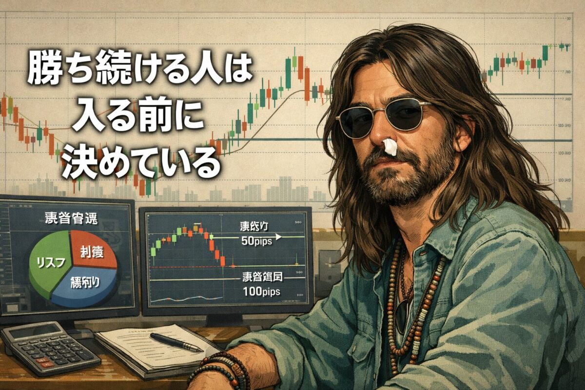 裁量トレードで勝ち続けるためにエントリー前のリスク確定を重視する考え方を表現したMT5資金管理イメージイラスト