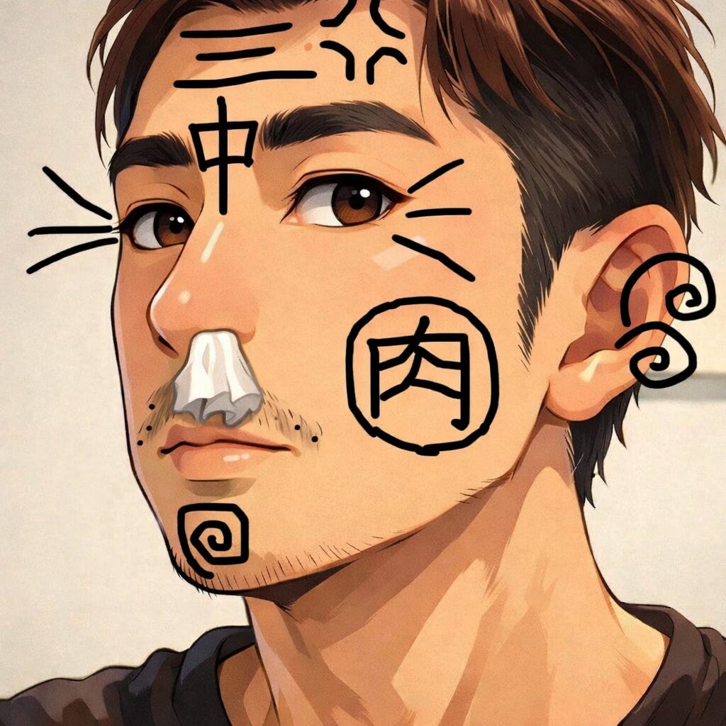 アニメ風にデフォルメされた少額資金fxスタイル鼻ツっぺが、片方の鼻にティッシュを詰めたコミカルな表情のイラスト