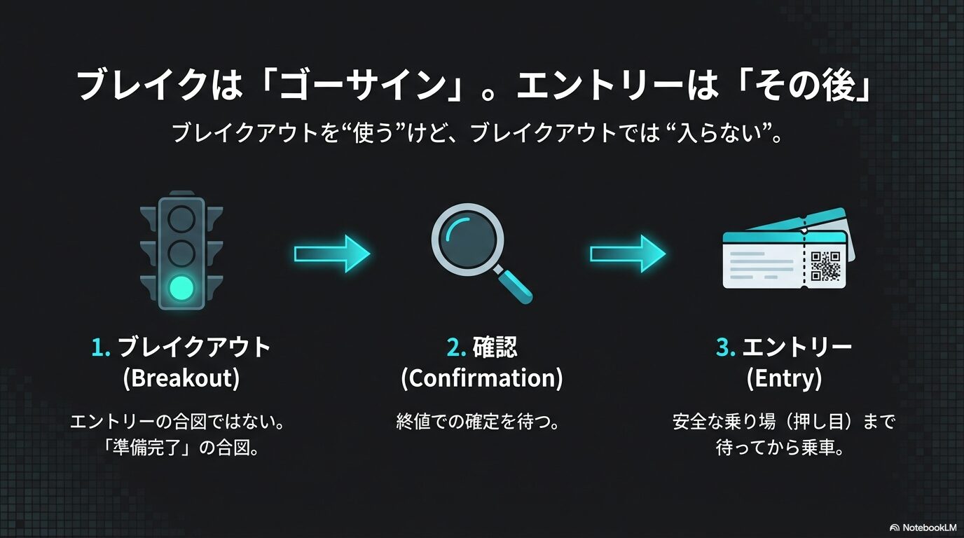 ブレイクアウト手法のエントリー手順。1.ブレイクアウト（合図）、2.確認（終値確定）、3.エントリー（安全な乗り場）の3段階プロセスのアイコン図解。
