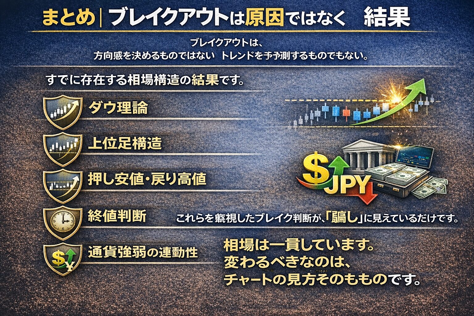 ブレイクアウト手法のまとめ。ブレイクアウトはトレンドを作る原因ではなく、ダウ理論や上位足構造、通貨強弱などが重なった「結果」として起こる現象であることを強調。チャートの見方を根本から変えるための結論スライド。