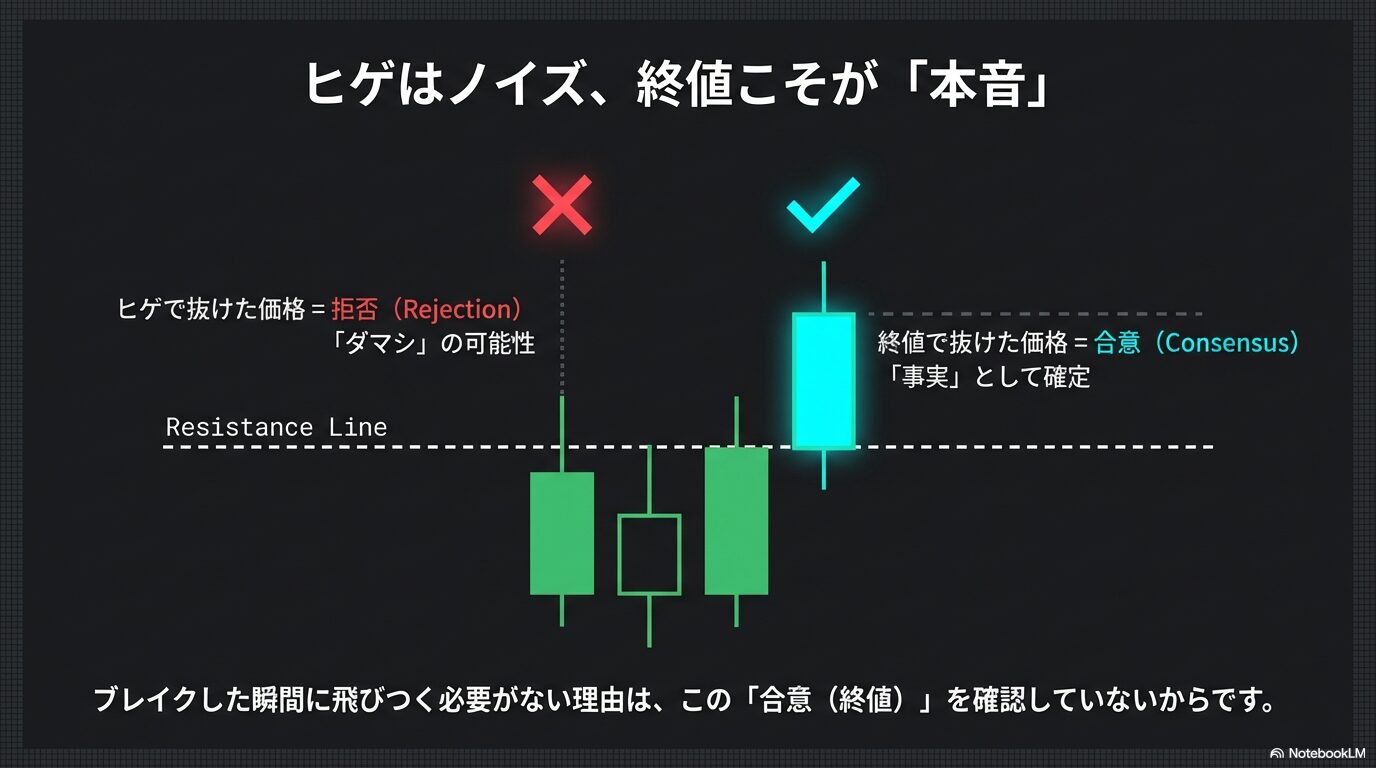 ヒゲはノイズ、終値こそが本音。ヒゲでのブレイク（ダマシ・拒否）と、終値でのブレイク（事実・合意）の違いを解説したローソク足チャート図。