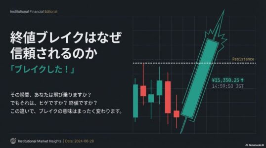 「終値ブレイクはなぜ信頼されるのか」というタイトルのスライド。レジスタンスラインをローソク足の実体で超える重要性を問いかける導入画像。