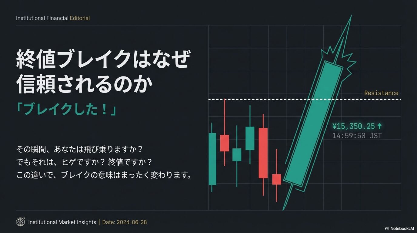 「終値ブレイクはなぜ信頼されるのか」というタイトルのスライド。レジスタンスラインをローソク足の実体で超える重要性を問いかける導入画像。