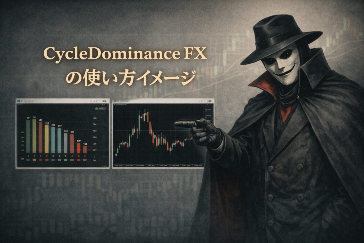 CycleDominance FXの使い方イメージ。実際のチャート画面と通貨強弱を表示するインジケーターの視覚的な使用例。