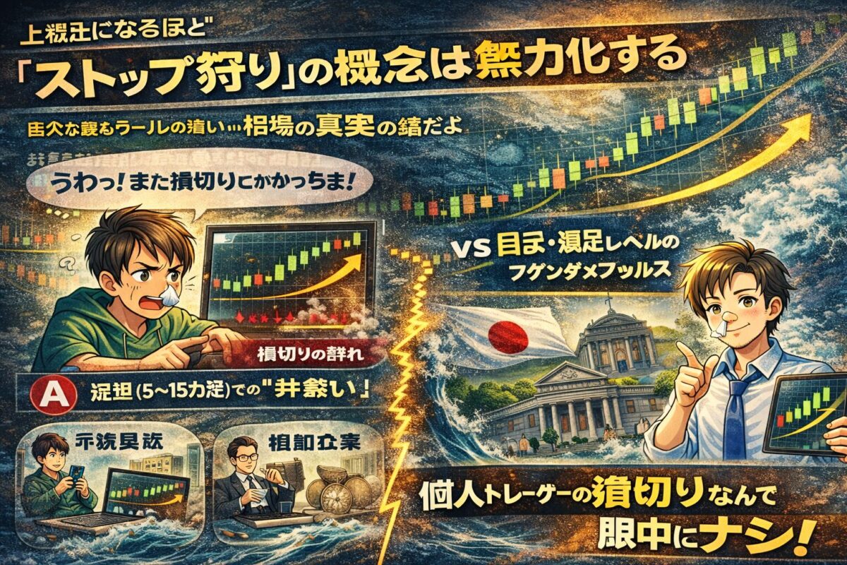 個人トレーダーのストップ狩り神話を否定するイラスト。機関投資家や中央銀行は個人の損切りを標的にしていないことを示す。