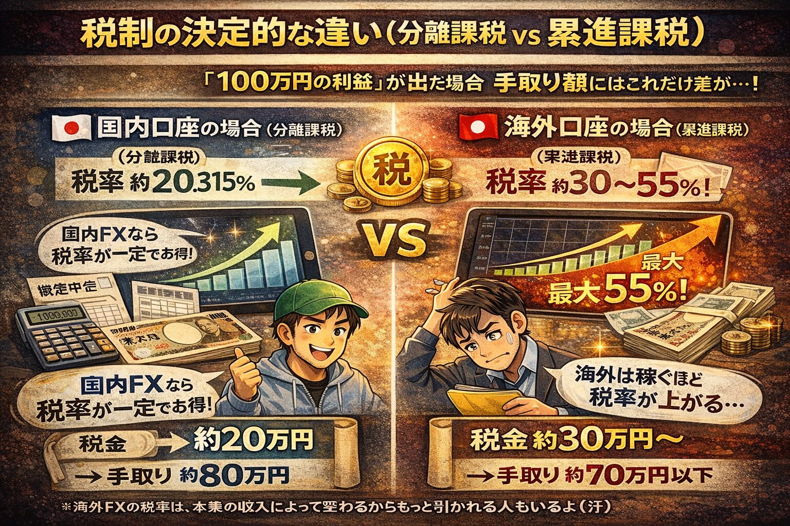 国内FXの申告分離課税(約20%)と海外FXの総合課税(最大55%)による手取り額の比較図解