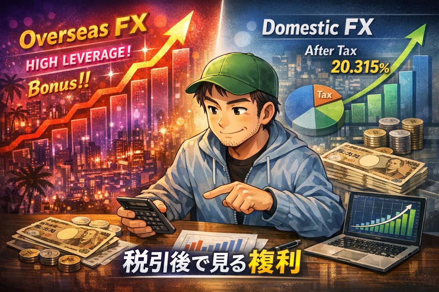 国内FXの税引後複利運用と海外FXのハイレバレッジ運用のイメージ比較イラスト