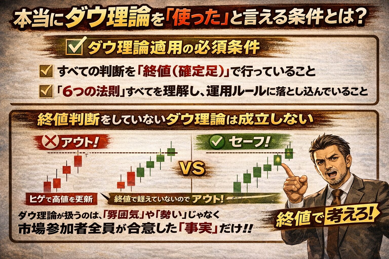 本当にダウ理論を使ったと言えるための必須条件チェックリスト。すべての判断を終値（確定足）で行うこと、6つの基本法則を理解し運用ルールに落とし込むことの重要性。