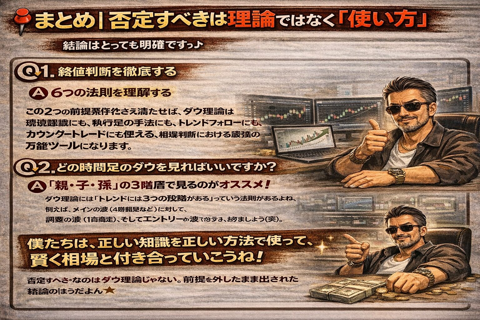 まとめ：否定すべきは理論ではなく「使い方」。終値判断の徹底と6つの法則の理解さえあれば、ダウ理論は相場判断の万能ツールになるという結論スライド。