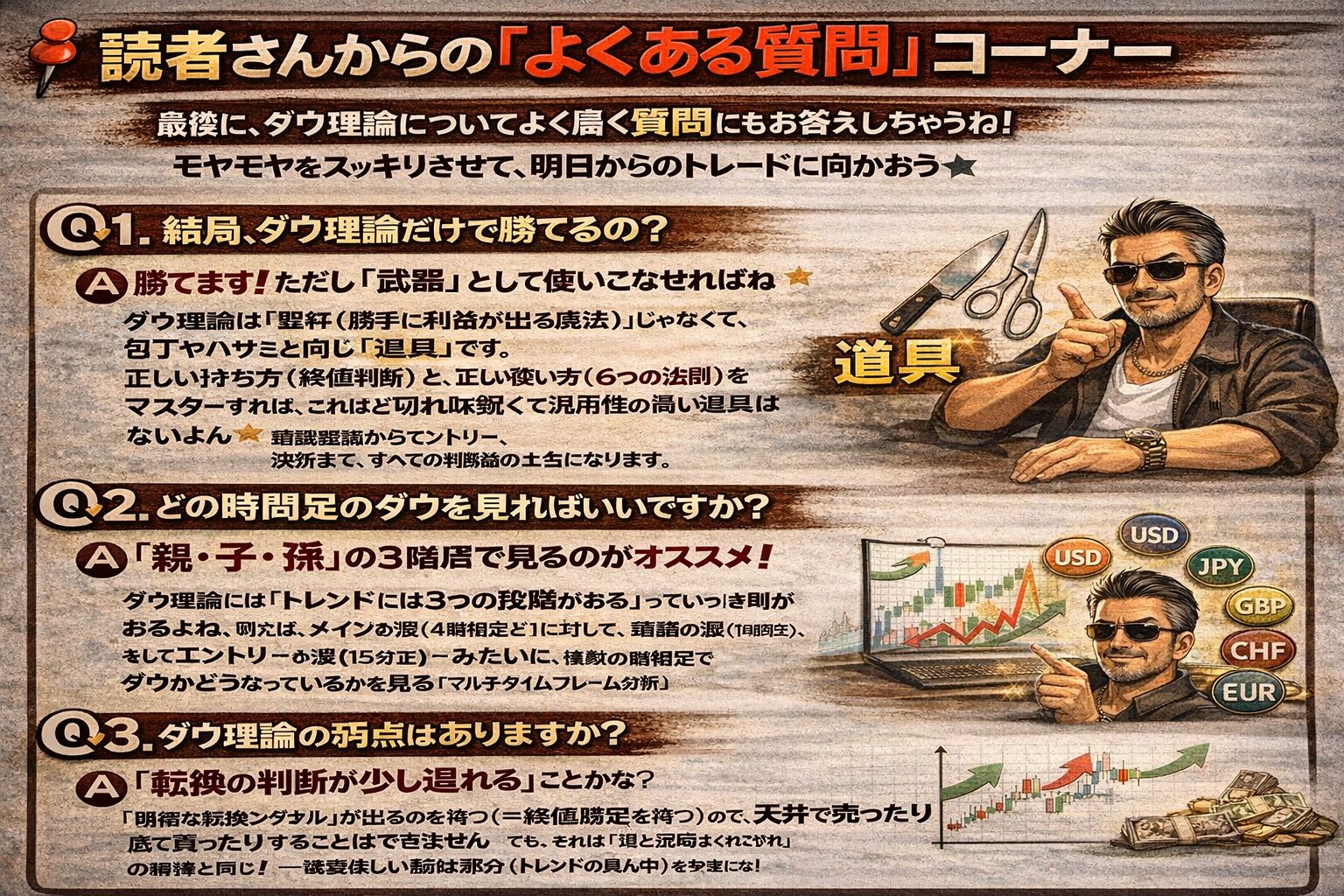 ダウ理論に関するよくある質問（FAQ）。「ダウ理論だけで勝てるのか？」「見るべき時間足（マルチタイムフレーム）」「理論の弱点（転換判断の遅れ）」についての回答まとめ。