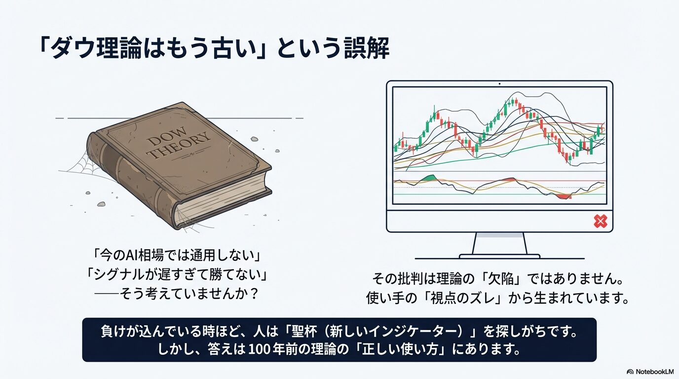 「ダウ理論は古い」という誤解。それは理論の欠陥ではなく視点のズレかも? ダウ理論は古いという誤解と現代のAIアルゴリズム相場の対比