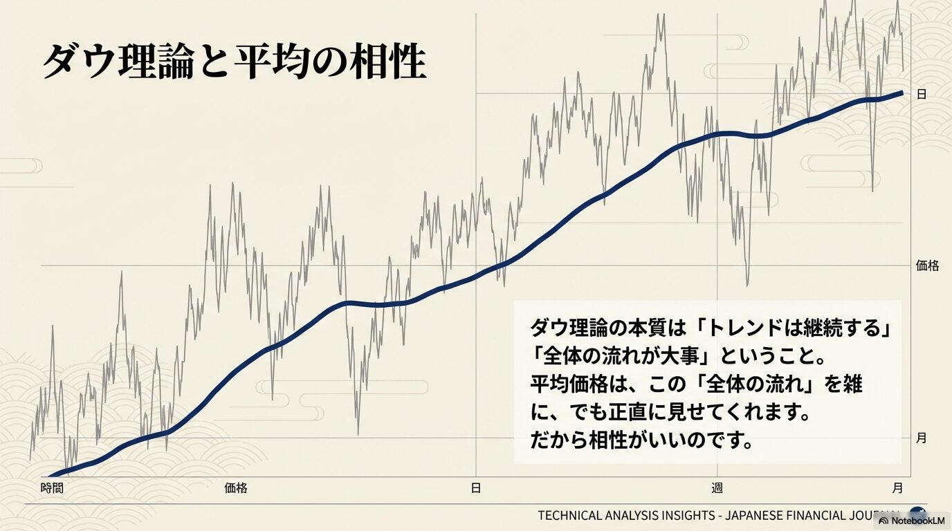ダウ理論と平均の相性を解説したチャート図。ダウ理論の本質である「全体的なトレンドの継続」を、移動平均線がノイズを消して正直に可視化していることを示す図解。