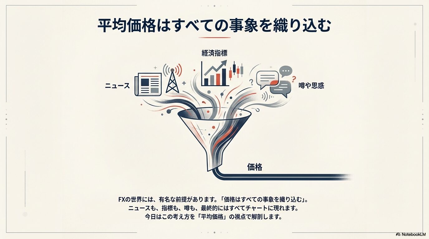 ダウ理論の基本原則「価格はすべての事象を織り込む」の図解。ニュース、経済指標、噂などの情報がじょうご（ファンネル）を通り、最終的にチャートの価格に反映される様子。
