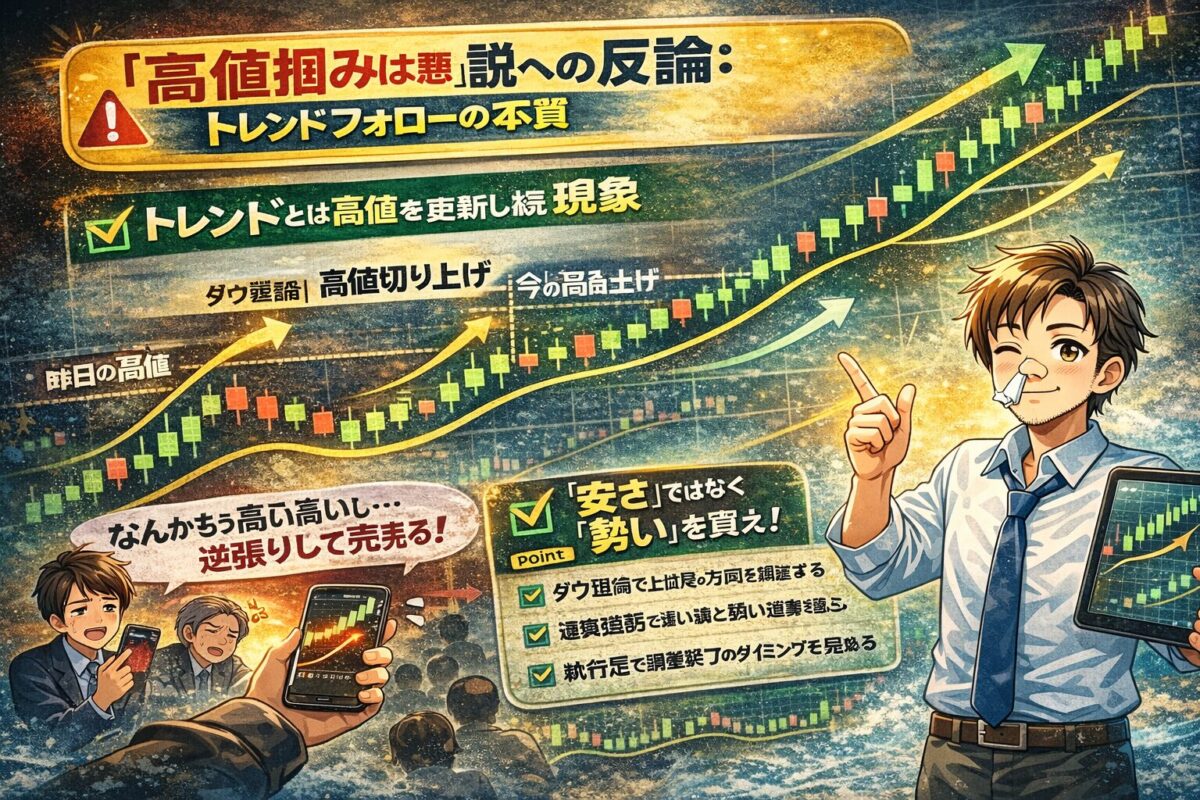 ダウ理論によるトレンドの定義(高値切り上げはトレンド継続)を解説するチャート図。安さではなく勢い(モメンタム)を買うことを推奨。