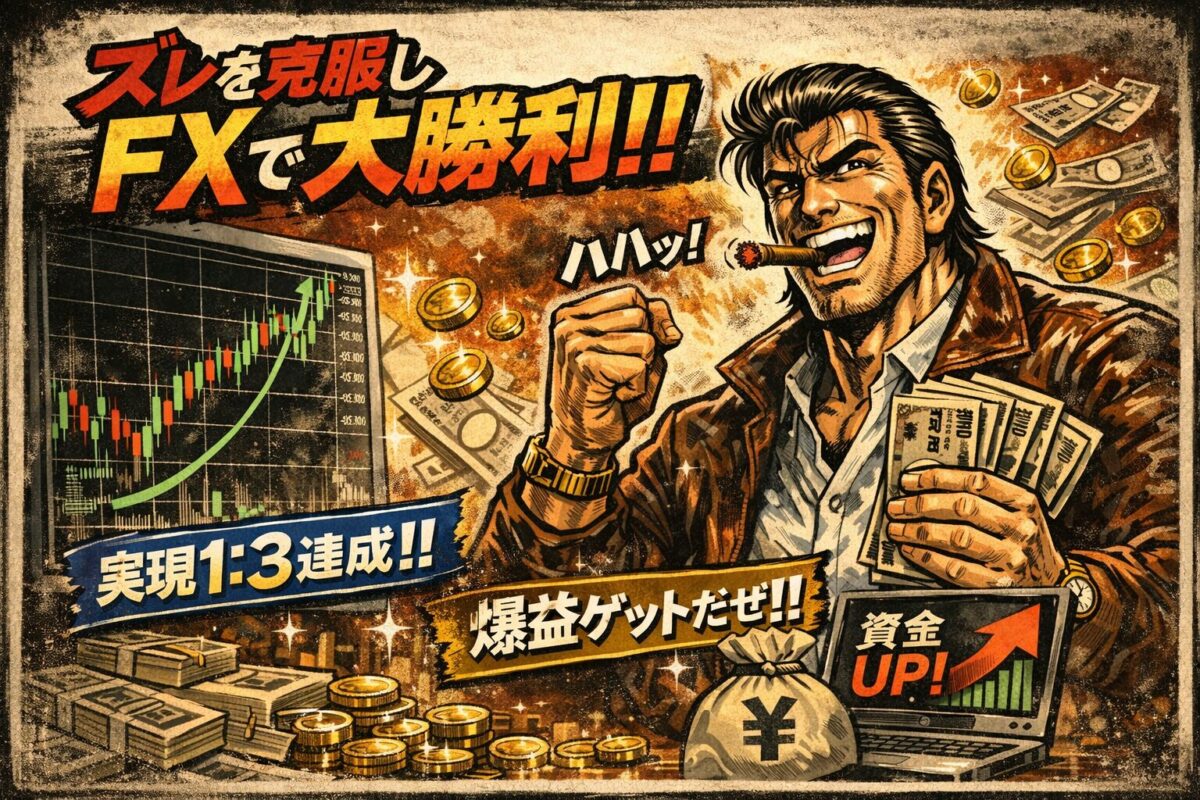 FXにおける期待リスクリワードと実現リスクリワードのズレを資金管理の観点から解説する劇画タッチのトレーダーイラスト