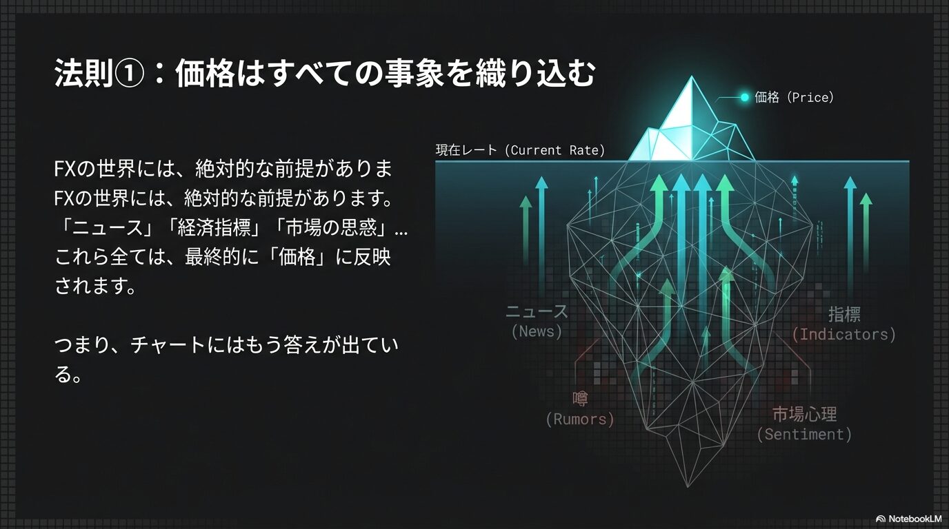法則1：価格はすべての事象を織り込む。ニュース、経済指標、市場心理などが最終的にチャートの価格（氷山の一角）に反映されることを示す図解。