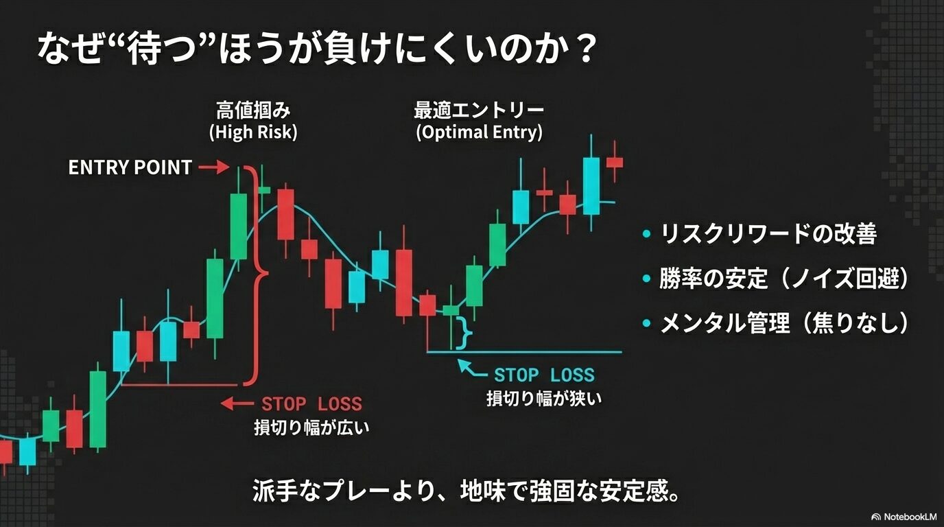 なぜ待つほうが負けにくいのか。高値掴み（ハイリスク）と最適エントリー（押し目買い）の損切り幅の違い、およびリスクリワードの改善効果を示す比較チャート。