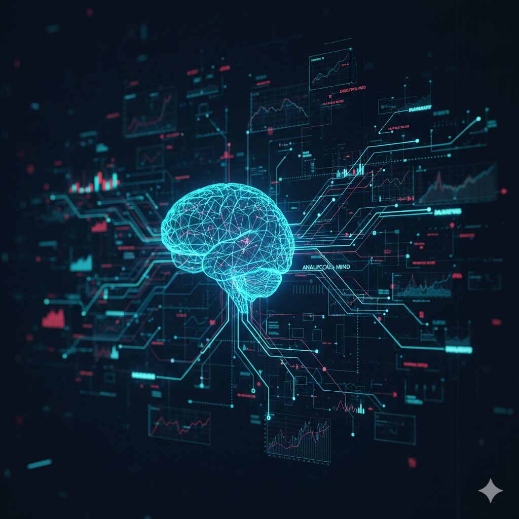 デジタル脳と市場データが接続された抽象的なイメージ。FXトレーダーに必要な規律あるメンタルと冷静な分析思考を視覚化。
