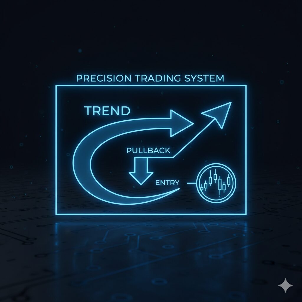 トレンド発生から押し目(プルバック)、そしてエントリーまでの流れを示す幾何学的な矢印の図解。SwingSniper基本ロジックの順張りフロー。
