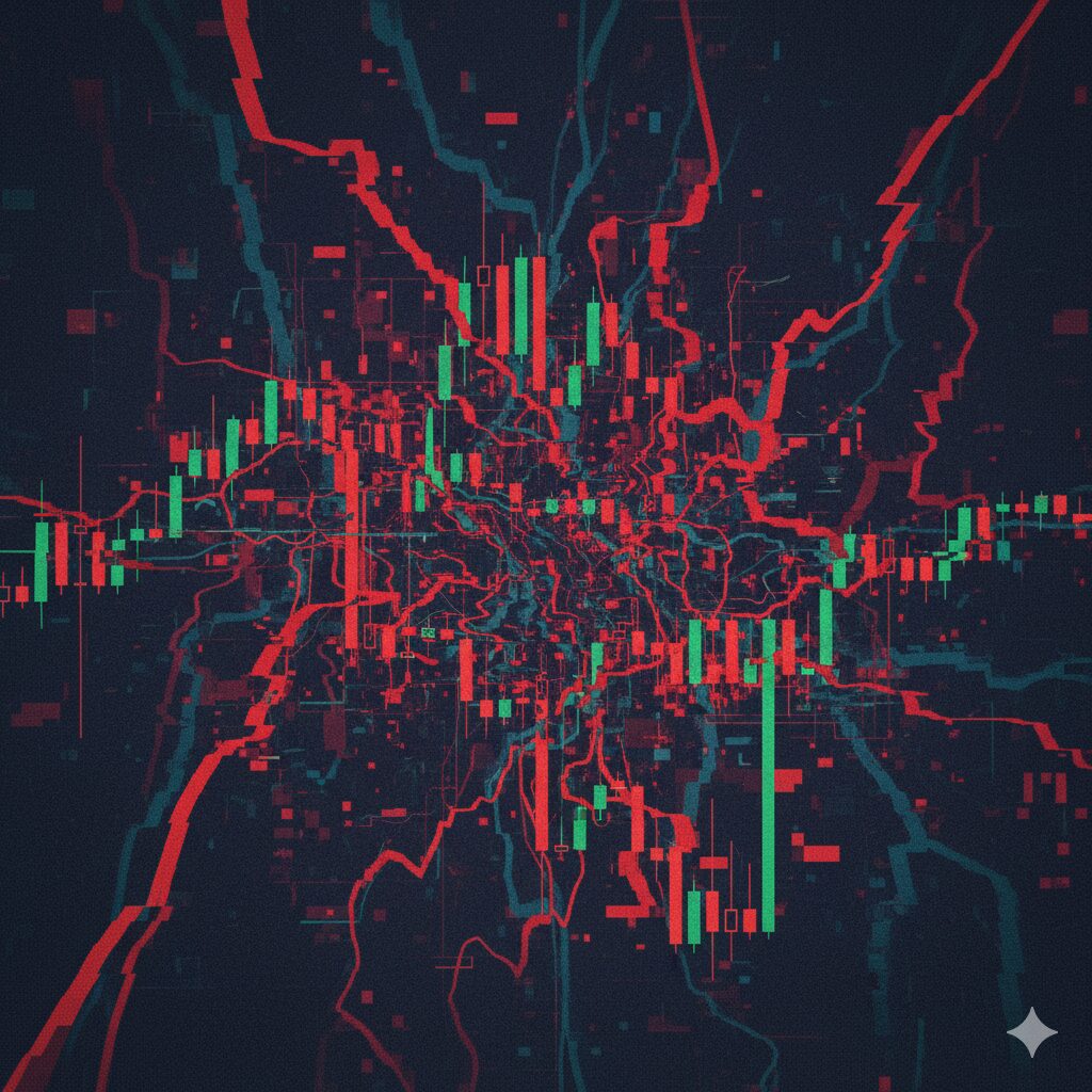 ノイズの多い短期足チャートと赤く歪んだローソク足。オーバートレードや感情的な取引による失敗(ポジポジ病)を警告する抽象イメージ。