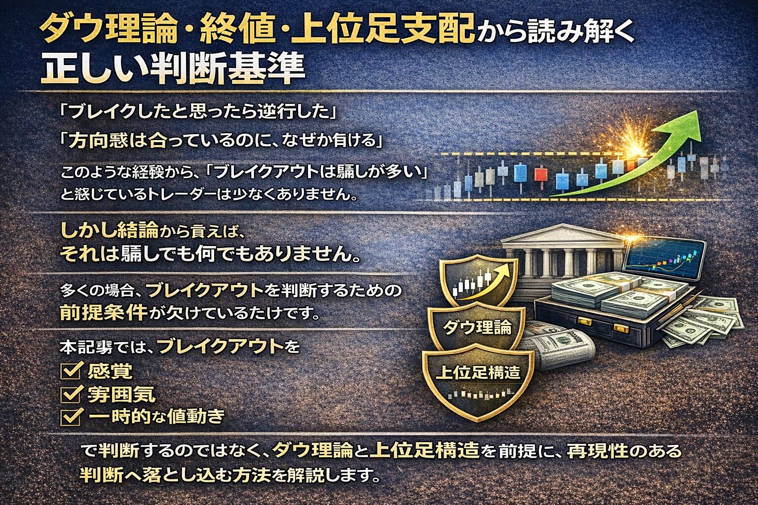 FXのブレイクアウト手法における正しい判断基準。ダウ理論と上位足構造を前提とし、騙しを回避するための「感覚」や「雰囲気」ではない論理的なトレード判断について解説したスライド。