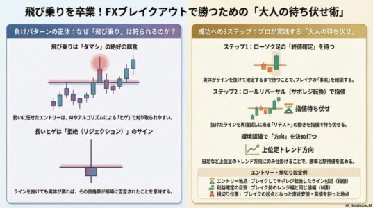FXブレイクアウトで飛び乗りがダマシに遭う理由と、ローソク足確定・ロールリバーサル・上位足方向を待つ大人の待ち伏せ戦略を解説したインフォグラフィック