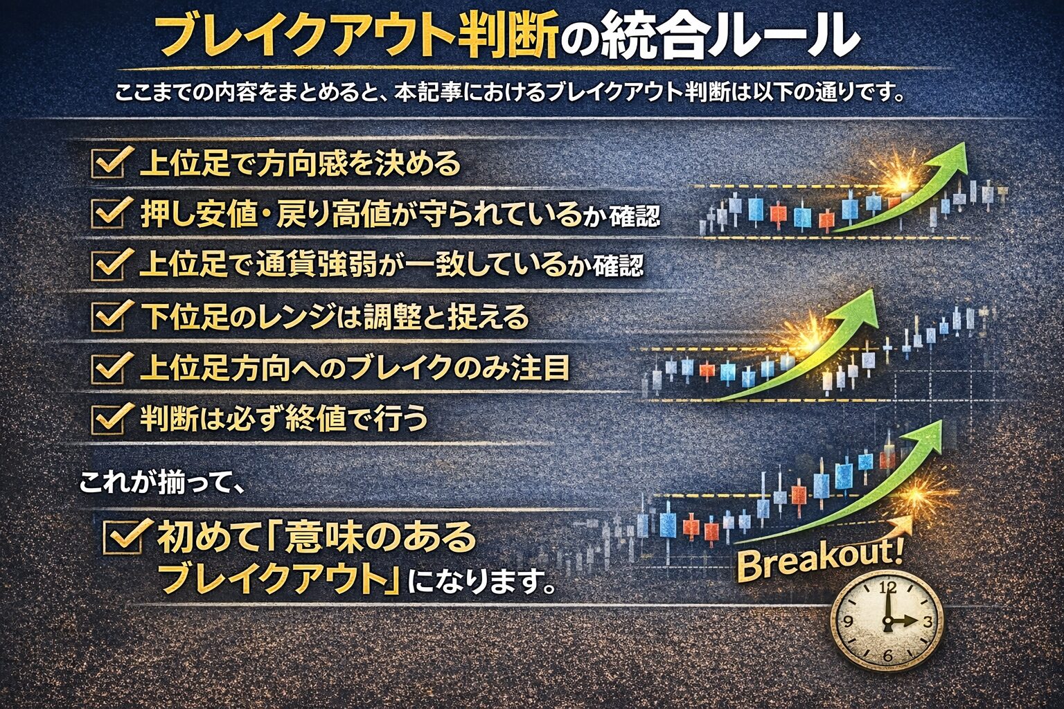 「意味のあるブレイクアウト」を判断するための統合ルール一覧。上位足の方向感、押し安値・戻り高値の遵守、通貨強弱の一致、そして必ず終値で判断するという、トレード精度を高めるための必須チェックリスト。