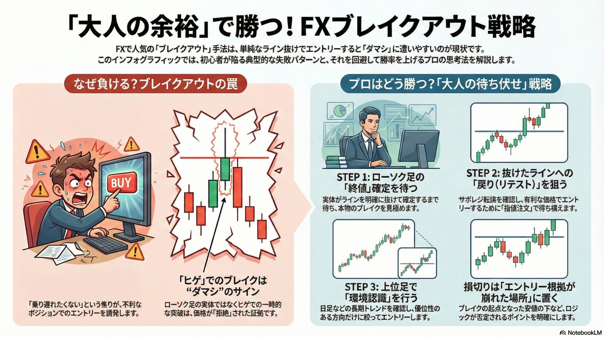 FXブレイクアウト攻略の3ステップ解説：ダマシ（ヒゲ）の罠を回避し、上位足の環境認識とリテスト狙いで確実に利益を狙う「大人のトレード戦略」