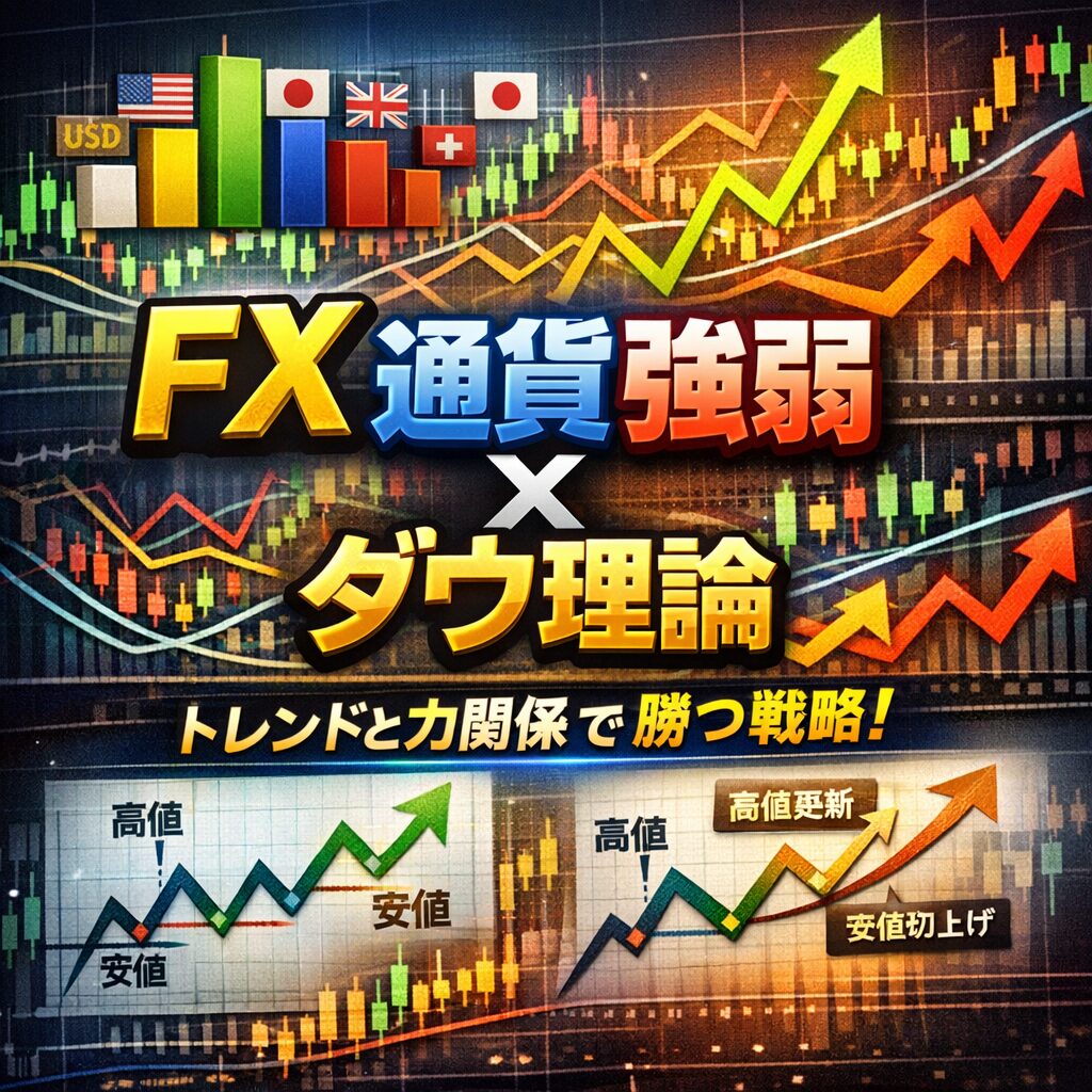 通貨強弱分析とダウ理論を組み合わせてFXのトレンド判断を解説した図解イメージ