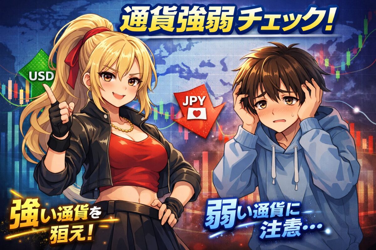 FX通貨強弱ツールのイメージイラスト。強い通貨を象徴する自信に満ちた女性キャラクターと、弱い通貨を象徴する不安そうな男性キャラクターを対比的に描写した相場分析ビジュアル