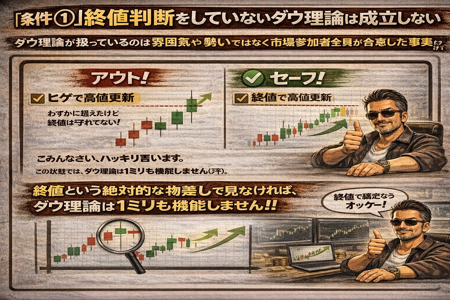 終値判断をしていないダウ理論は成立しない具体例。ヒゲでの高値更新は無効（アウト）であり、ローソク足の実体確定（セーフ）で判断すべきというチャート解説図。