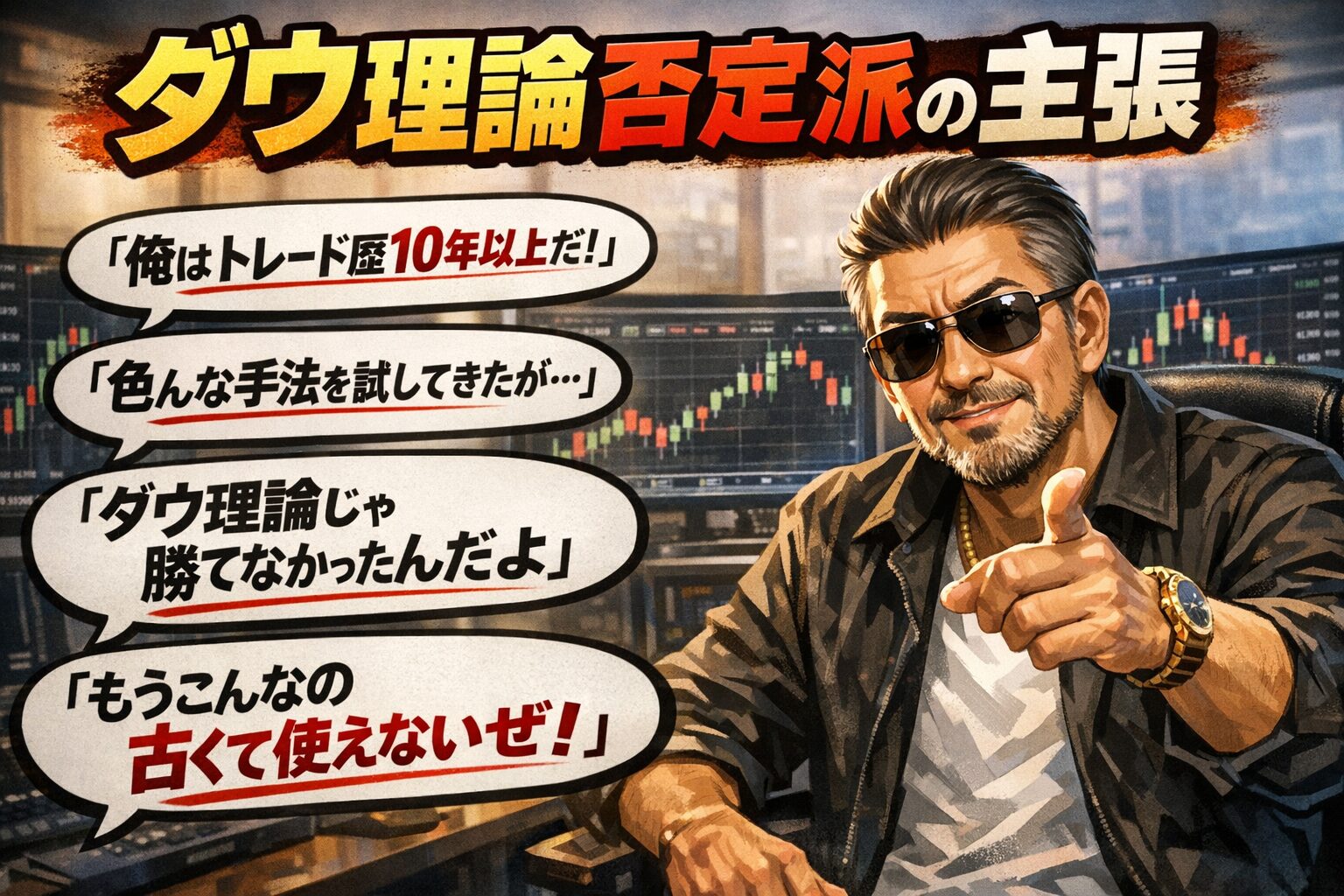 ダウ理論は使えないと主張するトレード歴10年以上のベテランのイメージ。「古い」「勝てない」といった否定派の典型的な主張一覧と経験則の罠。