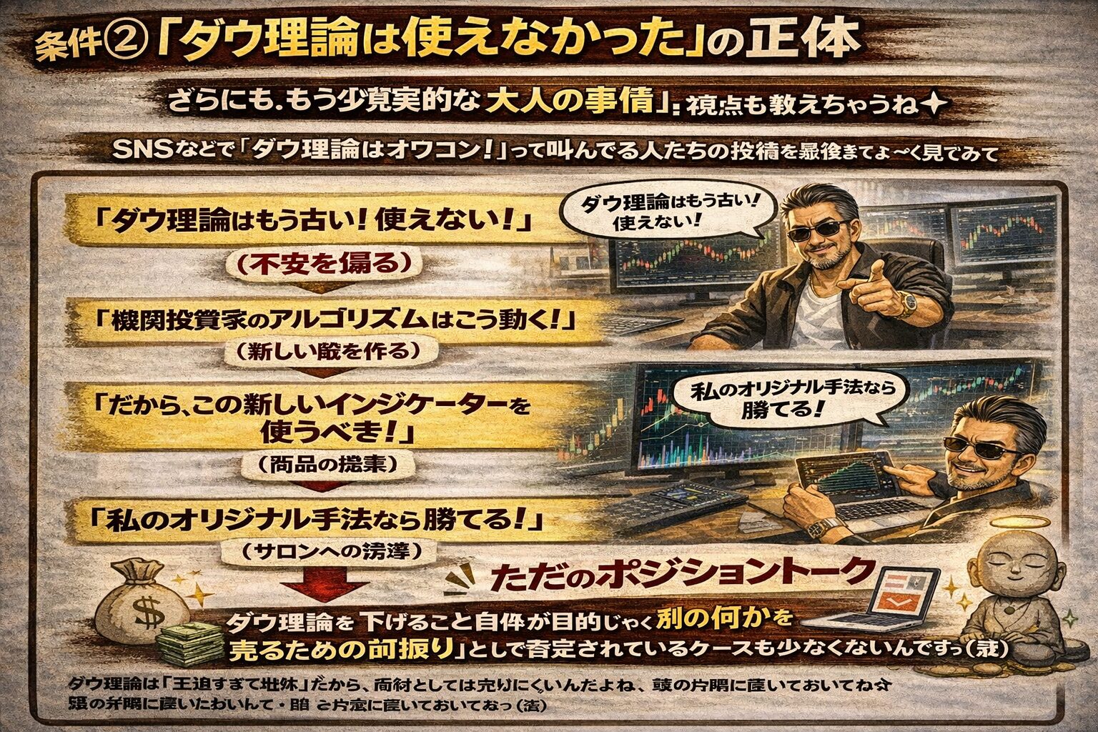 「ダウ理論は使えない」という主張の正体。不安を煽り、新しい敵（アルゴなど）を作り、最終的に自社商材やサロンへ誘導するための「ポジショントーク」の構造図解。