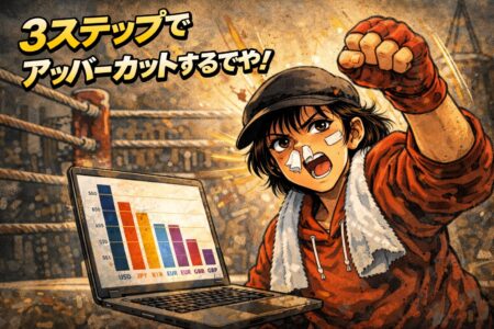 「3ステップでアッパーカットするでや！」と拳を突き上げる姿