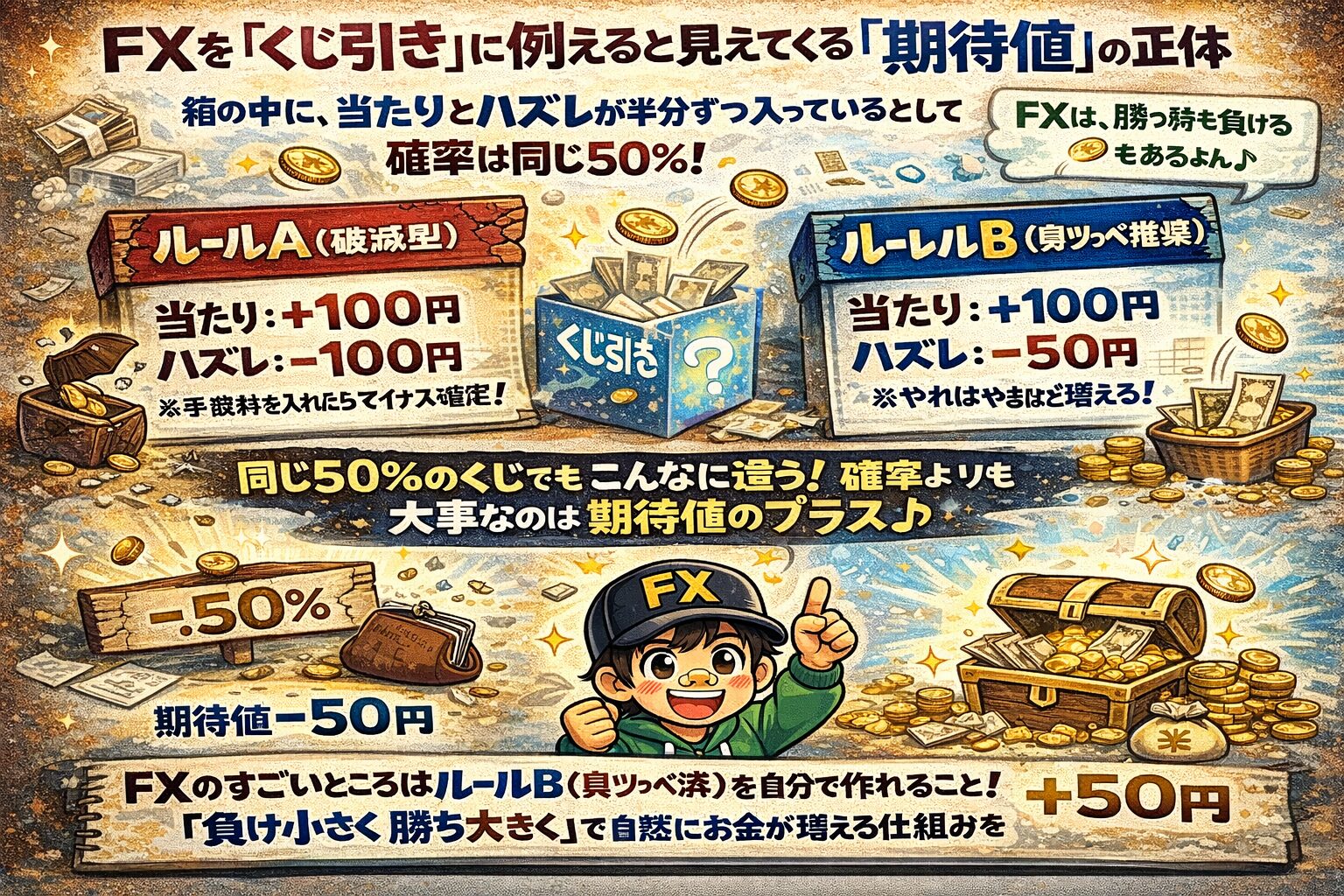 FXをくじ引きに例えて解説する期待値の考え方。勝率50%でもルール設定次第で資金が増える仕組み

