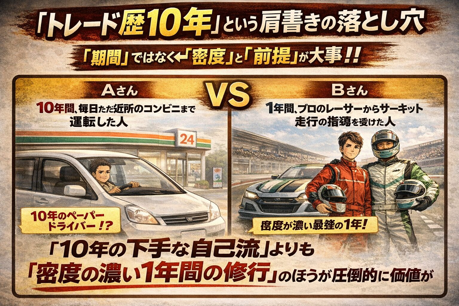 トレード歴10年という肩書きの落とし穴。「ただ漫然と運転した10年」と「プロの指導を受けた密度の濃い1年」を比較し、期間よりも前提と密度が重要であることを示した図解。