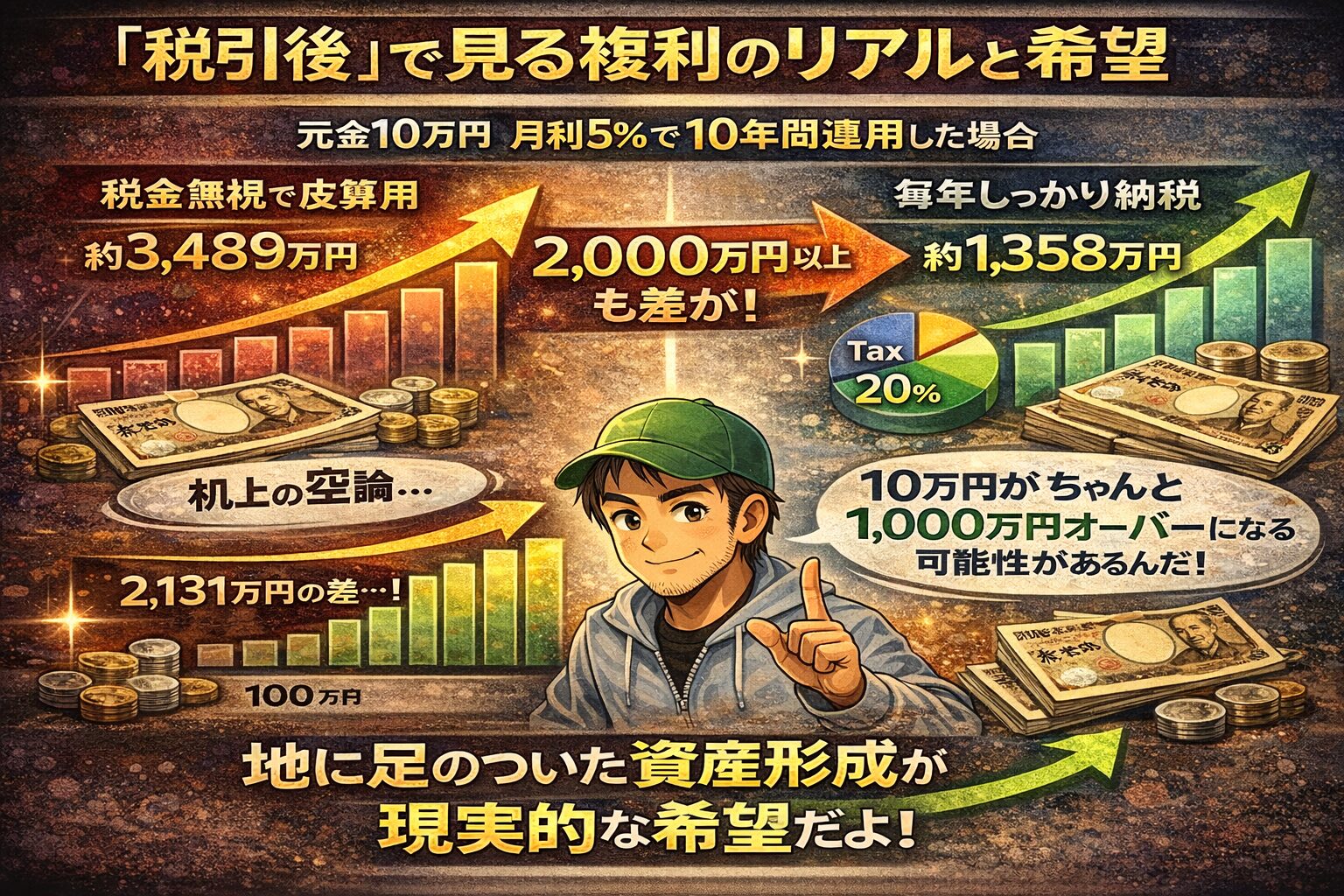 元金10万円を月利5%で10年間運用した場合の税金支払い後と税金無視の資産額比較グラフ