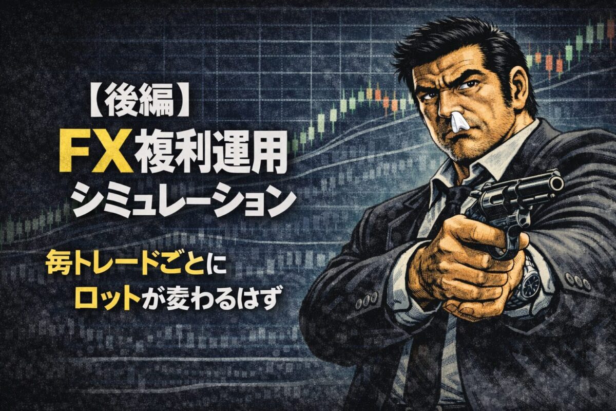 毎トレードごとにロットが変わるはずという解説画像。複利運用では資金の増減に合わせて毎回ロット計算を行うことで、資産の加速度的成長曲線を描くことができる。