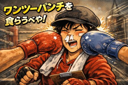 「ワンツーパンチを食らうべや！」とパンチを受けるイラスト