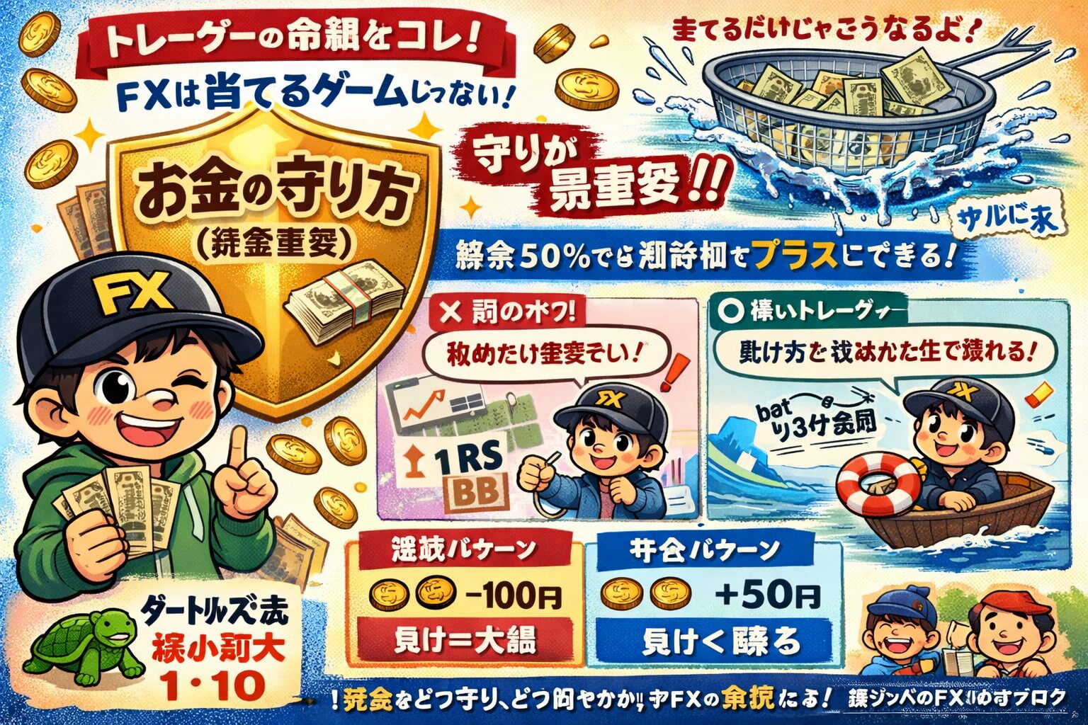 FXはお金の守り方（資金管理）が最重要！勝率50%でも期待値をプラスにするリスクリワード戦略のイメージ図