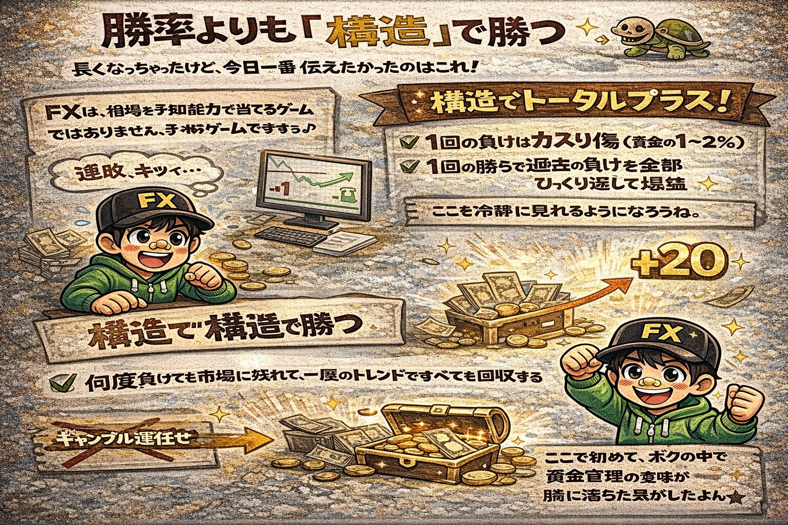 勝率よりも「構造」で勝つFXの資金管理。小さな負けを許容し一度の大きな勝ちでトータルプラスにする仕組みの図解