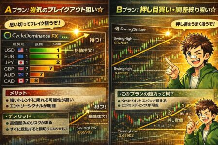 上昇トレンド中の押し目を狙って段階的にエントリーするFXスイングトレード戦略の解説イラスト