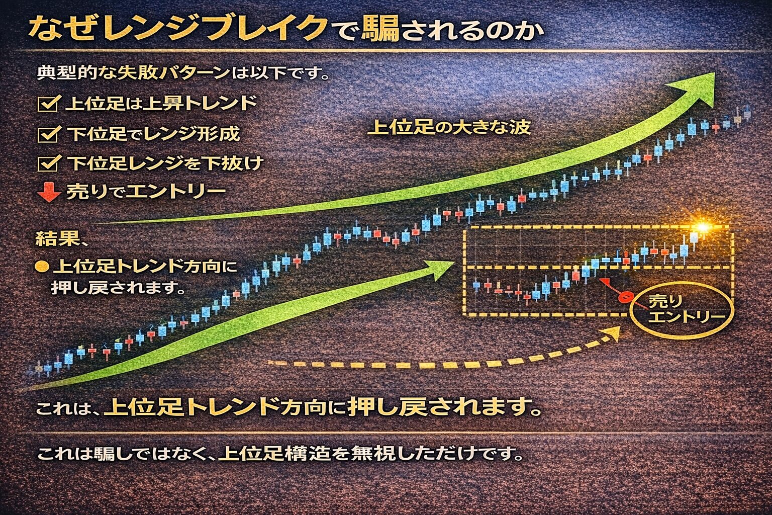 レンジブレイクの典型的な失敗パターン（騙し）の図解。上位足が上昇トレンド中に、下位足で形成されたレンジを下抜けて売りエントリーした場合、上位足の大きな波に飲み込まれて価格が押し戻されるメカニズムを解説。
