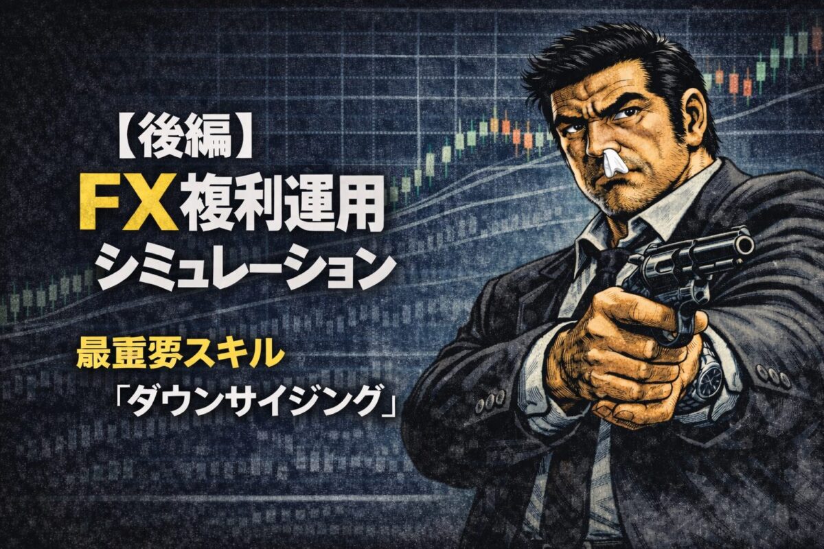 最重要スキル「ダウンサイジング」のイメージ画像。資金が減った際にロット計算を見直し、リスクを落とす「逆複利」の徹底こそが、FXの資金管理において生き残るカギとなる。