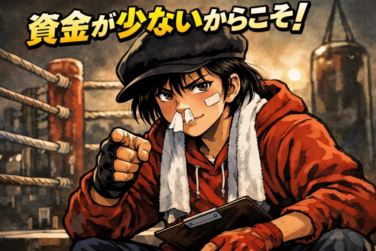 「資金が少ないからこそ！」と指を差す鼻ツっぺ。FXで少額資金から成り上がるための重要な考え方を解説。