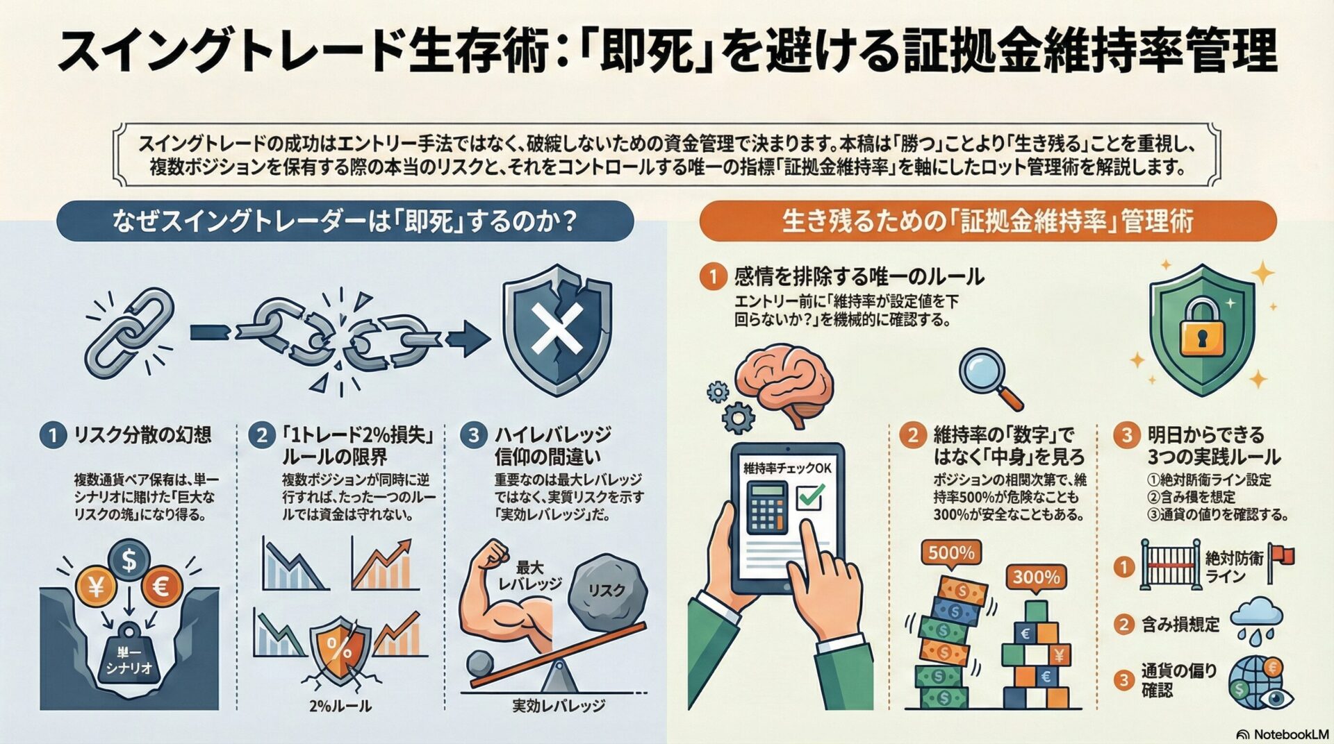 スイングトレード生存術：即死を避けるための証拠金維持率管理とリスク分散の図解。2%ルールの限界や実効レバレッジの考え方、生き残るための3つの実践ルールを解説。